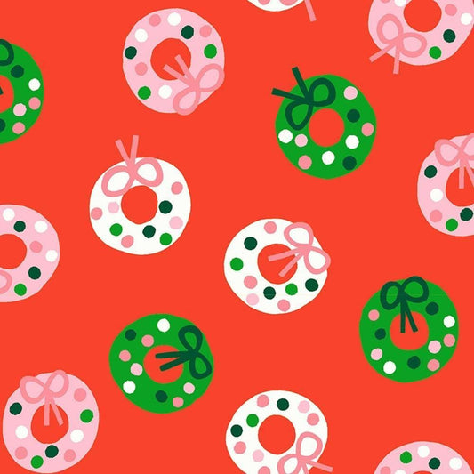 Image of Merry Happy Bough Down Lollipop quilting cotton fabric by Kimberly Kight of Ruby Star Society for Moda Fabrics. Features wreaths on a red background. Cute Little Fabric Shop.