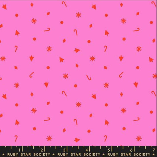 Image of Merry Happy Christmas Confetti Lipstick quilting cotton fabric by Kimberly Kight of Ruby Star Society for Moda Fabrics. Features christmas icons on a pink background. Cute Little Fabric Shop.