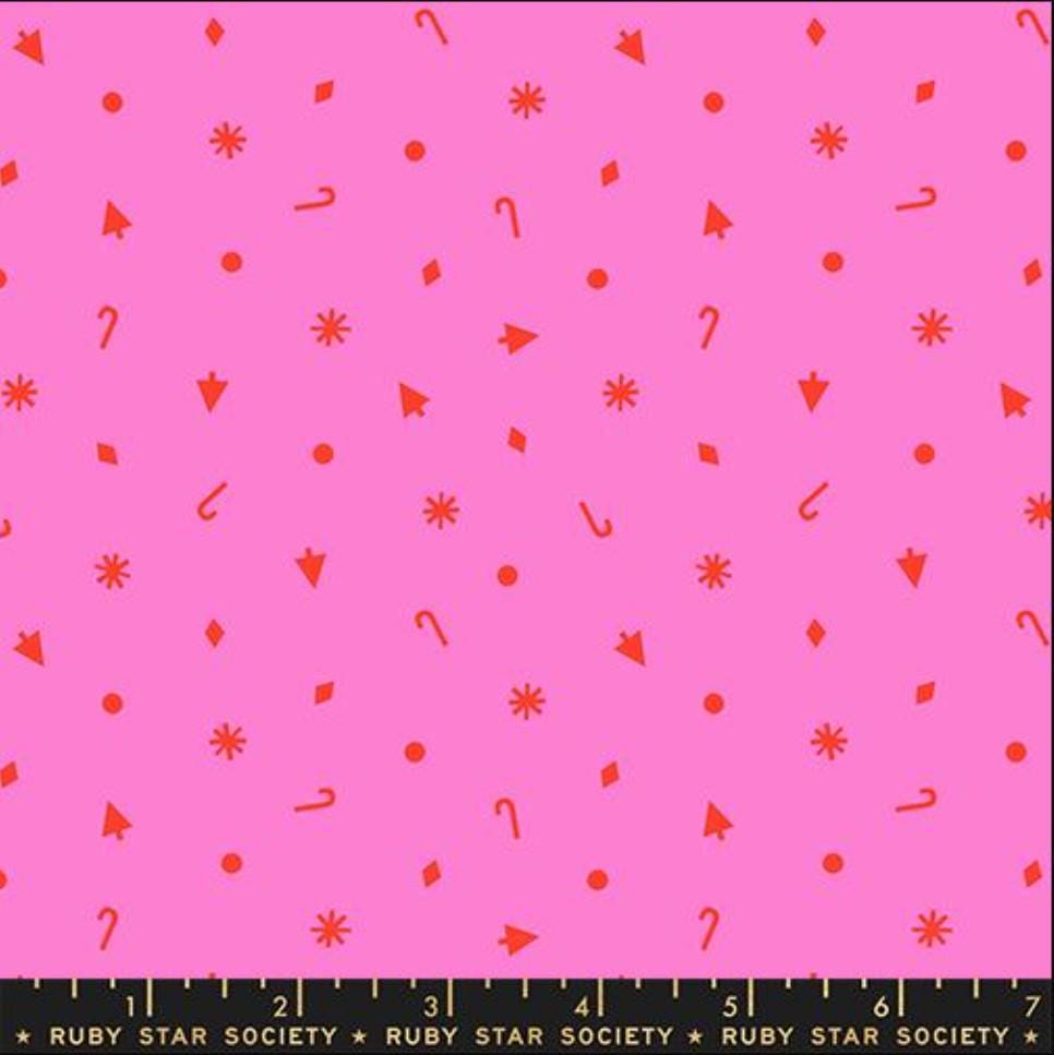 Image of Merry Happy Christmas Confetti Lipstick quilting cotton fabric by Kimberly Kight of Ruby Star Society for Moda Fabrics. Features christmas icons on a pink background. Cute Little Fabric Shop.