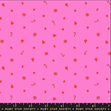 Image of Merry Happy Christmas Confetti Lipstick quilting cotton fabric by Kimberly Kight of Ruby Star Society for Moda Fabrics. Features christmas icons on a pink background. Cute Little Fabric Shop.
