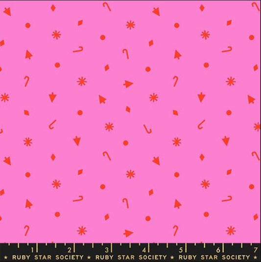 Image of Merry Happy Christmas Confetti Lipstick quilting cotton fabric by Kimberly Kight of Ruby Star Society for Moda Fabrics. Features christmas icons on a pink background. Cute Little Fabric Shop.