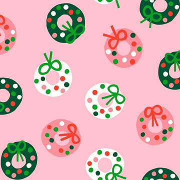 Image of Merry Happy Bough Down Melody Pink quilting cotton fabric by Kimberly Kight of Ruby Star Society for Moda Fabrics. Features wreaths on a pink background. Cute Little Fabric Shop.