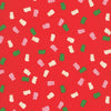 Image of Merry Happy Merry Gummies Lollipop quilting cotton fabric by Kimberly Kight of Ruby Star Society for Moda Fabrics. Features gummy bears on a red background. Cute Little Fabric Shop.