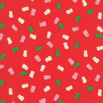 Image of Merry Happy Merry Gummies Lollipop quilting cotton fabric by Kimberly Kight of Ruby Star Society for Moda Fabrics. Features gummy bears on a red background. Cute Little Fabric Shop.