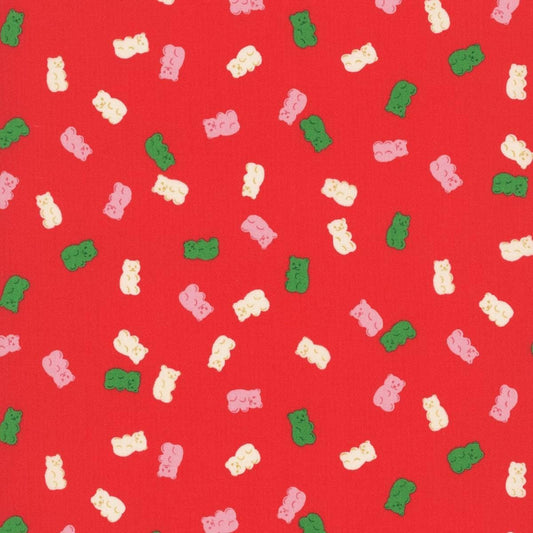 Image of Merry Happy Merry Gummies Lollipop quilting cotton fabric by Kimberly Kight of Ruby Star Society for Moda Fabrics. Features gummy bears on a red background. Cute Little Fabric Shop.