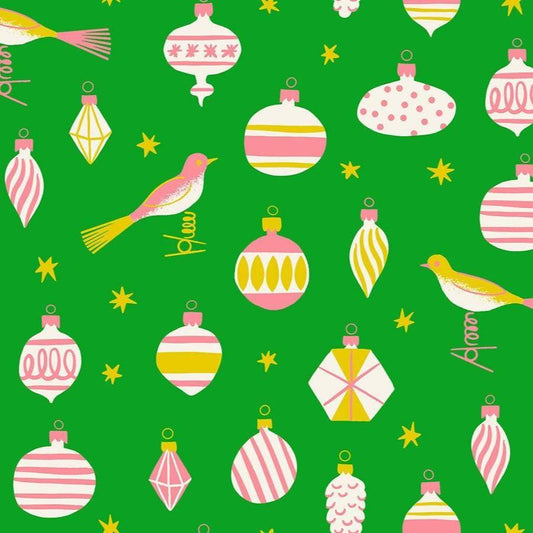 Image of Merry Happy Baubles Verdant quilting cotton fabric by Kimberly Kight of Ruby Star Society for Moda Fabrics. Features ornaments on a green background. Cute Little Fabric Shop.