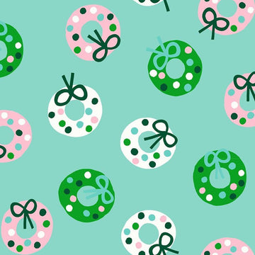 Image of Merry Happy Bough Down Frost quilting cotton fabric by Kimberly Kight of Ruby Star Society for Moda Fabrics. Features wreaths on a blue background. Cute Little Fabric Shop.