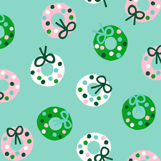Image of Merry Happy Bough Down Frost quilting cotton fabric by Kimberly Kight of Ruby Star Society for Moda Fabrics. Features wreaths on a blue background. Cute Little Fabric Shop.