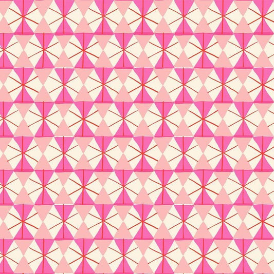 Image of Merry Happy Happy Hexie Lipstick quilting cotton fabric by Kimberly Kight of Ruby Star Society for Moda Fabrics. Features hexagons on a pink background. Cute Little Fabric Shop.