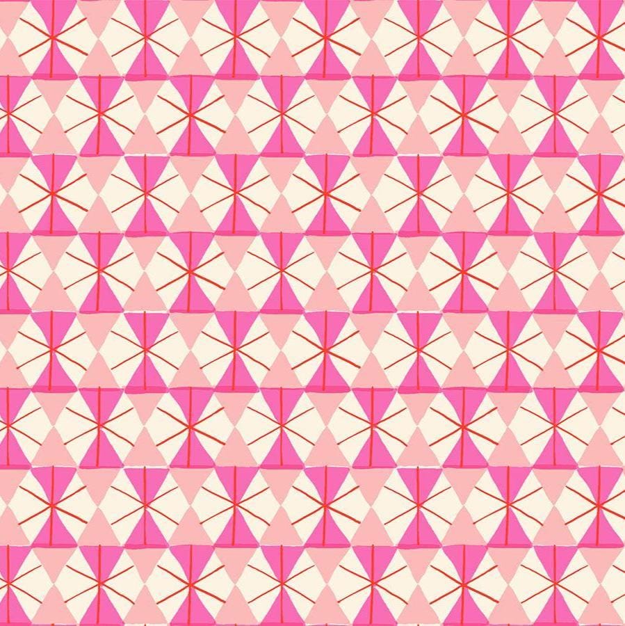 Image of Merry Happy Happy Hexie Lipstick quilting cotton fabric by Kimberly Kight of Ruby Star Society for Moda Fabrics. Features hexagons on a pink background. Cute Little Fabric Shop.