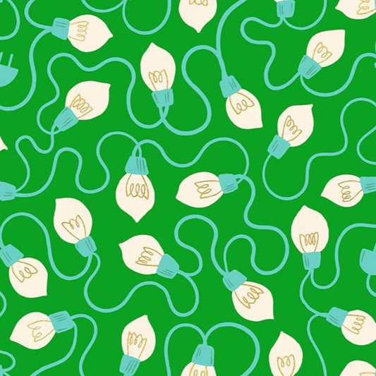 Image of Merry Happy High Strung Metallic Verdant quilting cotton fabric by Kimberly Kight of Ruby Star Society for Moda Fabrics. Features lights on a green background. Cute Little Fabric Shop.