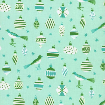 Image of Merry Happy Baubles Mint quilting cotton fabric by Kimberly Kight of Ruby Star Society for Moda Fabrics. Features ornaments on a green background. Cute Little Fabric Shop.