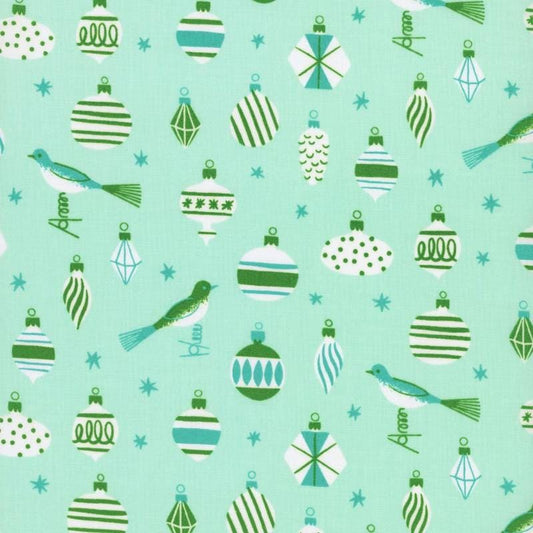 Image of Merry Happy Baubles Mint quilting cotton fabric by Kimberly Kight of Ruby Star Society for Moda Fabrics. Features ornaments on a green background. Cute Little Fabric Shop.