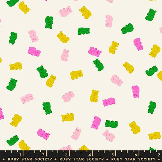 Image of Merry Happy Merry Gummies Natural quilting cotton fabric by Kimberly Kight of Ruby Star Society for Moda Fabrics. Features gummy bears on a cream background. Cute Little Fabric Shop.