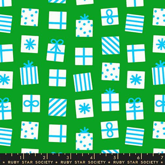 Image of Merry Happy Secret Santa Verdant quilting cotton fabric by Kimberly Kight of Ruby Star Society for Moda Fabrics. Features gifts on a green background. Cute Little Fabric Shop.