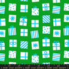Image of Merry Happy Secret Santa Verdant quilting cotton fabric by Kimberly Kight of Ruby Star Society for Moda Fabrics. Features gifts on a green background. Cute Little Fabric Shop.