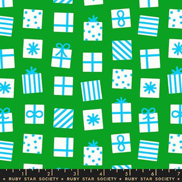 Image of Merry Happy Secret Santa Verdant quilting cotton fabric by Kimberly Kight of Ruby Star Society for Moda Fabrics. Features gifts on a green background. Cute Little Fabric Shop.