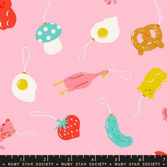 Image of Merry Happy Find the Pickle Melody Pink quilting cotton fabric by Kimberly Kight of Ruby Star Society for Moda Fabrics. Features novelty ornaments on a pink background. Cute Little Fabric Shop.