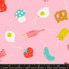 Image of Merry Happy Find the Pickle Melody Pink quilting cotton fabric by Kimberly Kight of Ruby Star Society for Moda Fabrics. Features novelty ornaments on a pink background. Cute Little Fabric Shop.