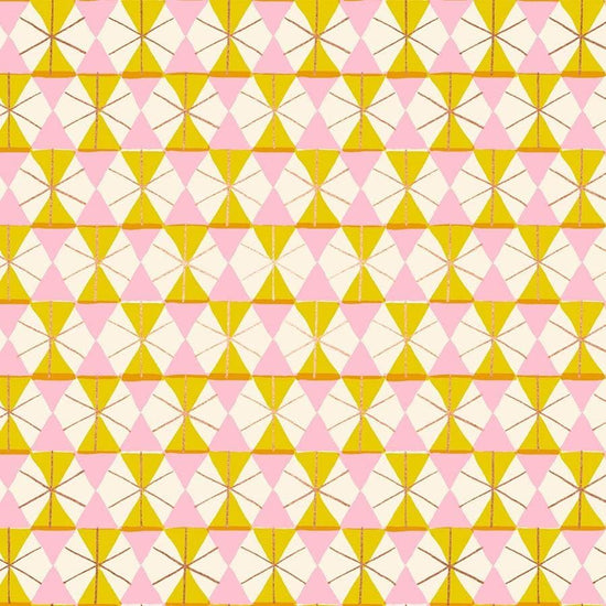 Image of Merry Happy Happy Hexie Metal Golden Hour quilting cotton fabric by Kimberly Kight of Ruby Star Society for Moda Fabrics. Features hexagons on a yellow background. Cute Little Fabric Shop.