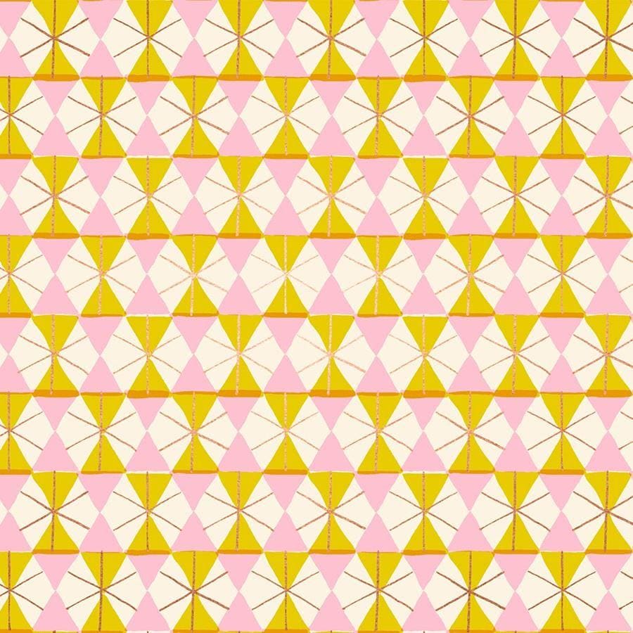 Image of Merry Happy Happy Hexie Metal Golden Hour quilting cotton fabric by Kimberly Kight of Ruby Star Society for Moda Fabrics. Features hexagons on a yellow background. Cute Little Fabric Shop.