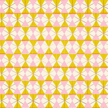 Image of Merry Happy Happy Hexie Metal Golden Hour quilting cotton fabric by Kimberly Kight of Ruby Star Society for Moda Fabrics. Features hexagons on a yellow background. Cute Little Fabric Shop.