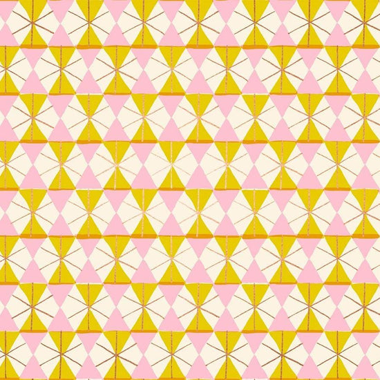 Image of Merry Happy Happy Hexie Metal Golden Hour quilting cotton fabric by Kimberly Kight of Ruby Star Society for Moda Fabrics. Features hexagons on a yellow background. Cute Little Fabric Shop.