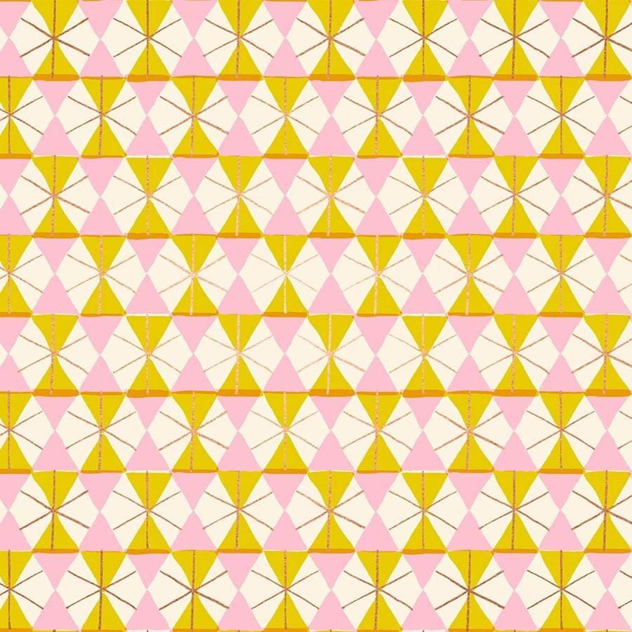 Image of Merry Happy Happy Hexie Metal Golden Hour quilting cotton fabric by Kimberly Kight of Ruby Star Society for Moda Fabrics. Features hexagons on a yellow background. Cute Little Fabric Shop.