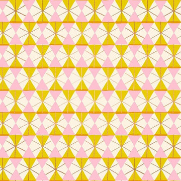 Image of Merry Happy Happy Hexie Metal Golden Hour quilting cotton fabric by Kimberly Kight of Ruby Star Society for Moda Fabrics. Features hexagons on a yellow background. Cute Little Fabric Shop.