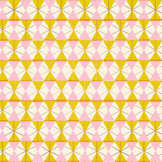 Image of Merry Happy Happy Hexie Metal Golden Hour quilting cotton fabric by Kimberly Kight of Ruby Star Society for Moda Fabrics. Features hexagons on a yellow background. Cute Little Fabric Shop.