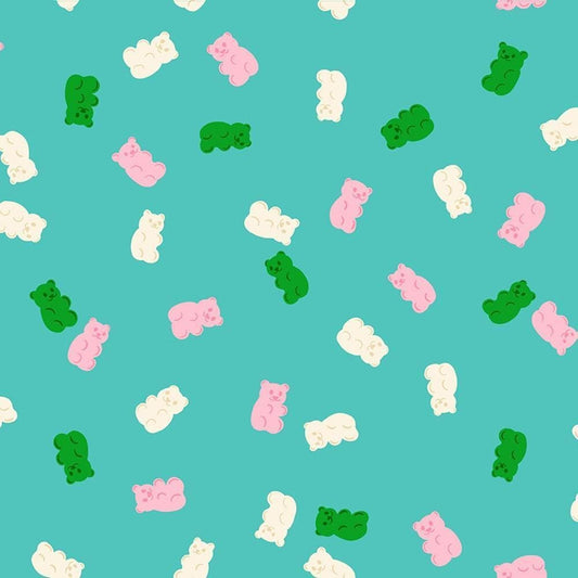 Image of Merry Happy Merry Gummies Iceberg quilting cotton fabric by Kimberly Kight of Ruby Star Society for Moda Fabrics. Features gummy bears on a blue background. Cute Little Fabric Shop.