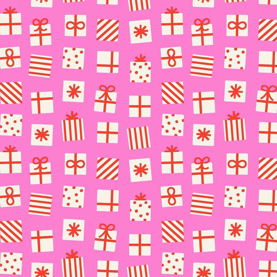 Image of Merry Happy Secret Santa Lipstick quilting cotton fabric by Kimberly Kight of Ruby Star Society for Moda Fabrics. Features presents on a pink background. Cute Little Fabric Shop.