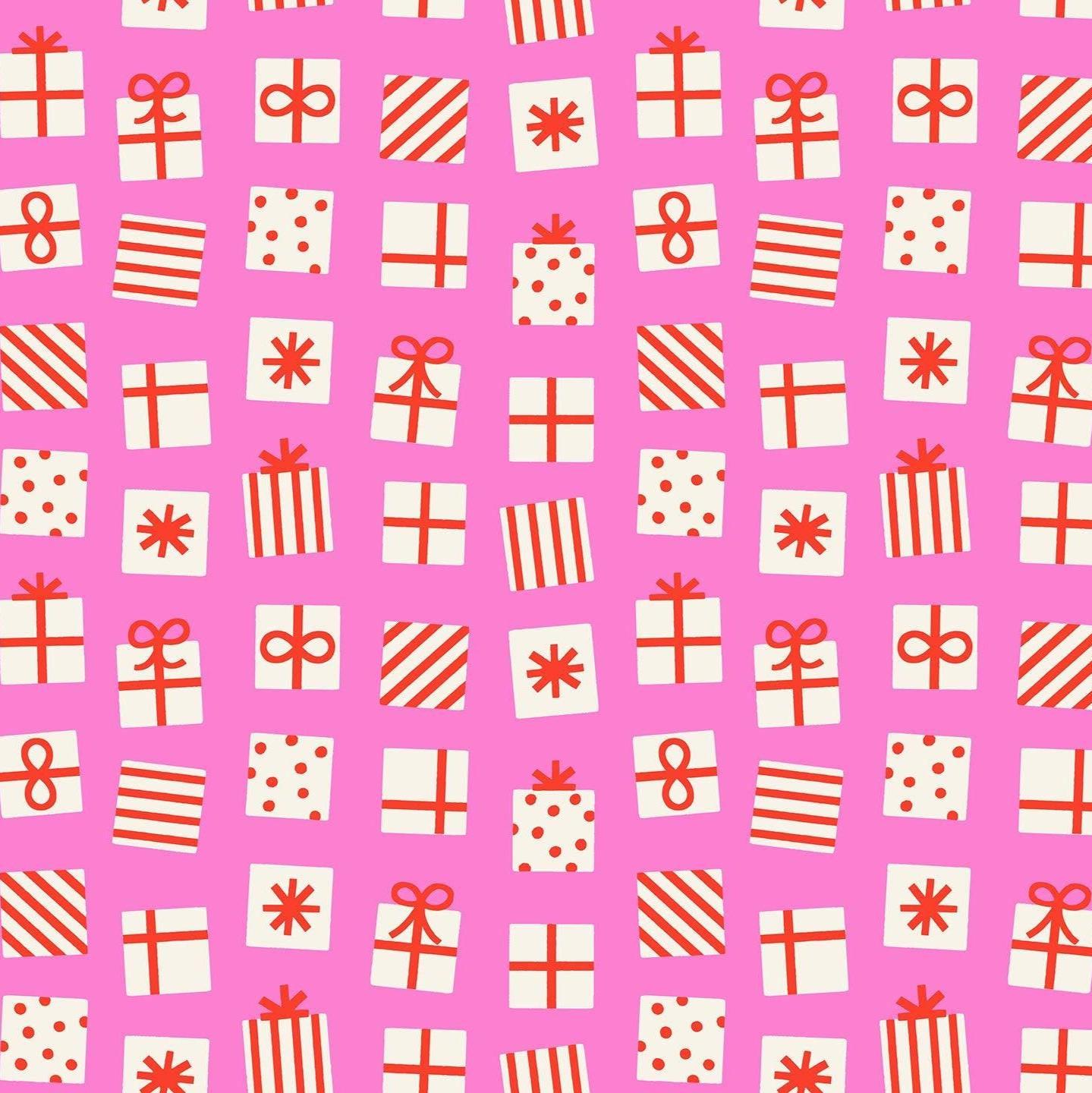 Image of Merry Happy Secret Santa Lipstick quilting cotton fabric by Kimberly Kight of Ruby Star Society for Moda Fabrics. Features presents on a pink background. Cute Little Fabric Shop.