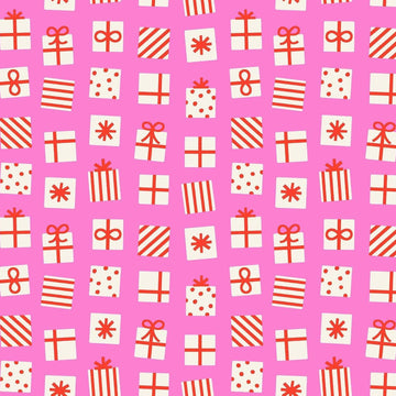 Image of Merry Happy Secret Santa Lipstick quilting cotton fabric by Kimberly Kight of Ruby Star Society for Moda Fabrics. Features presents on a pink background. Cute Little Fabric Shop.
