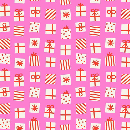 Image of Merry Happy Secret Santa Lipstick quilting cotton fabric by Kimberly Kight of Ruby Star Society for Moda Fabrics. Features presents on a pink background. Cute Little Fabric Shop.