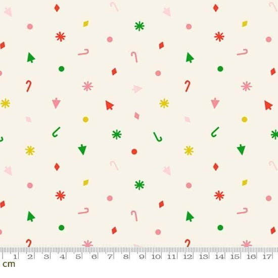 Image of Merry Happy Christmas Confetti Multi quilting cotton fabric by Kimberly Kight of Ruby Star Society for Moda Fabrics. Features christmas silhouettes on a cream background. Cute Little Fabric Shop.