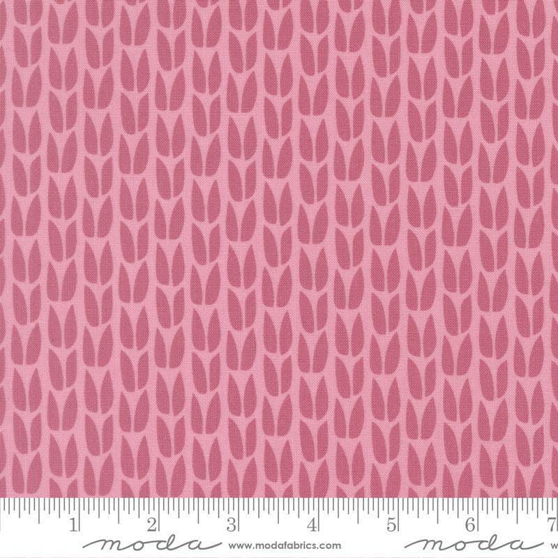 Image of Scenery Sprout Primrose quilting cotton fabric by Elizabeth Hartman for Moda Fabrics. Features leaves on a pink background. Cute Little Fabric Shop.