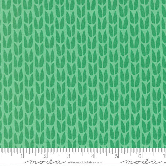 Image of Scenery Sprout Spearmint quilting cotton fabric by Elizabeth Hartman for Moda Fabrics. Features leaves on a green background. Cute Little Fabric Shop.