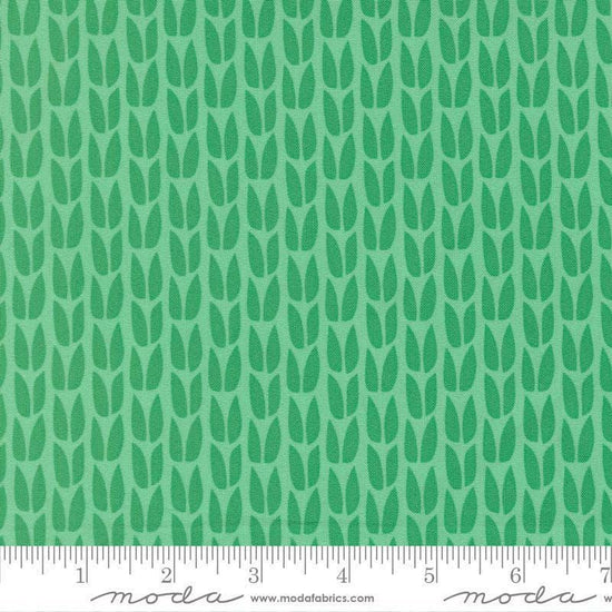 Image of Scenery Sprout Spearmint quilting cotton fabric by Elizabeth Hartman for Moda Fabrics. Features leaves on a green background. Cute Little Fabric Shop.
