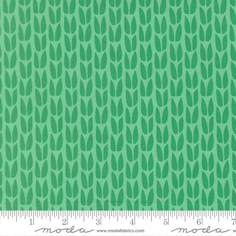 Image of Scenery Sprout Spearmint quilting cotton fabric by Elizabeth Hartman for Moda Fabrics. Features leaves on a green background. Cute Little Fabric Shop.
