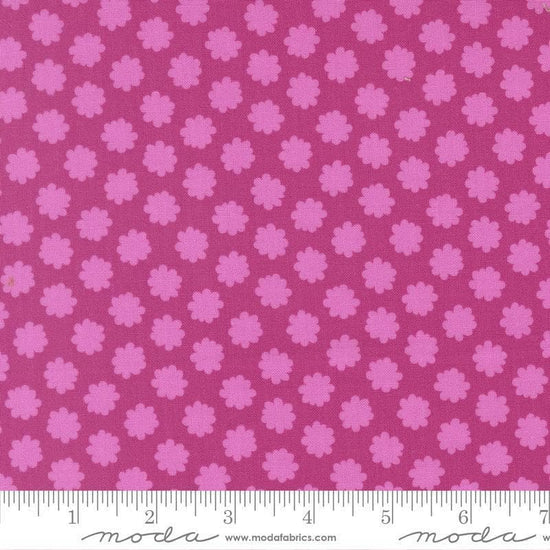 Image of Scenery Puffball Passion Fruit quilting cotton fabric by Elizabeth Hartman for Moda Fabrics. Features a geometric pattern on a purple background. Cute Little Fabric Shop.