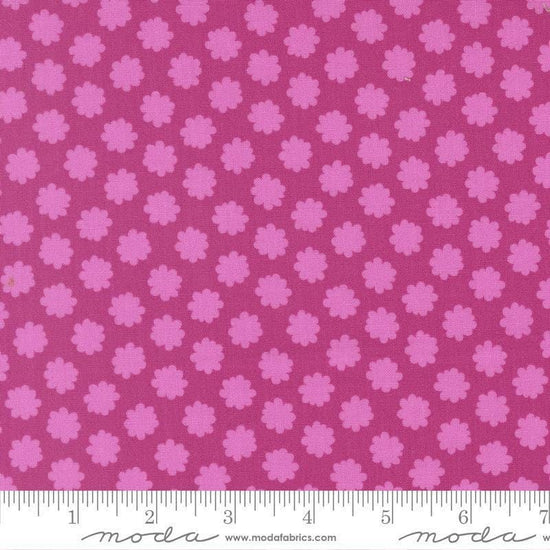 Image of Scenery Puffball Passion Fruit quilting cotton fabric by Elizabeth Hartman for Moda Fabrics. Features a geometric pattern on a purple background. Cute Little Fabric Shop.