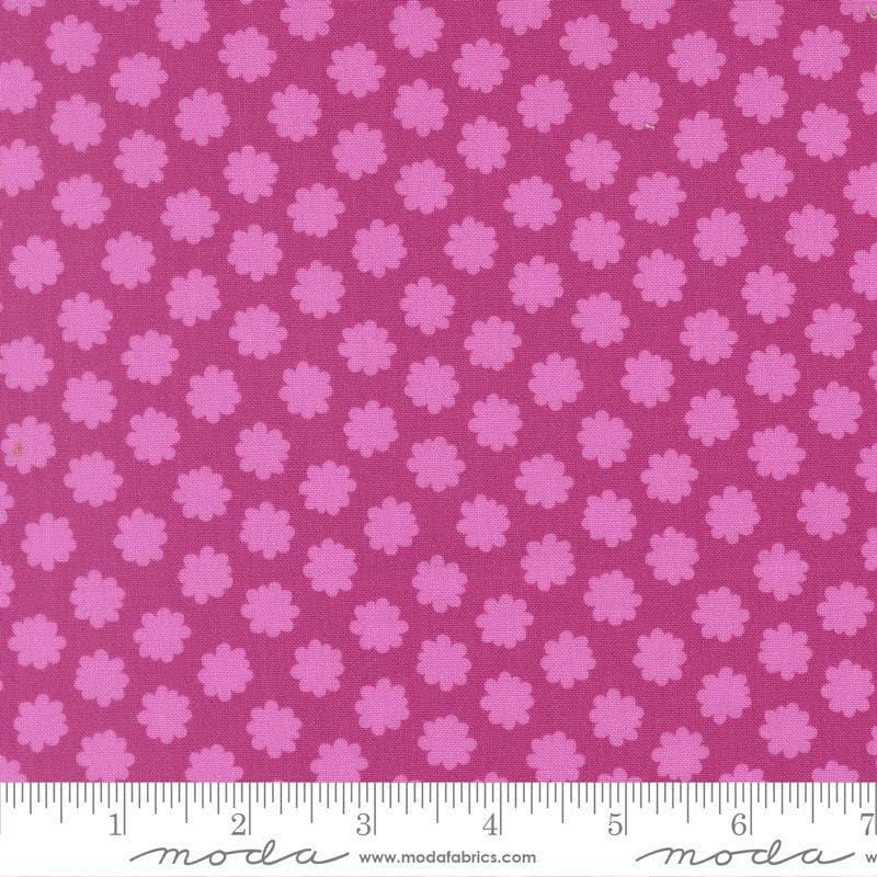 Image of Scenery Puffball Passion Fruit quilting cotton fabric by Elizabeth Hartman for Moda Fabrics. Features a geometric pattern on a purple background. Cute Little Fabric Shop.