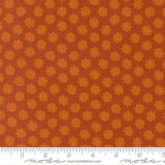 Image of Scenery Puffball Spice quilting cotton fabric by Elizabeth Hartman for Moda Fabrics. Features a geometric pattern on an orange background. Cute Little Fabric Shop.