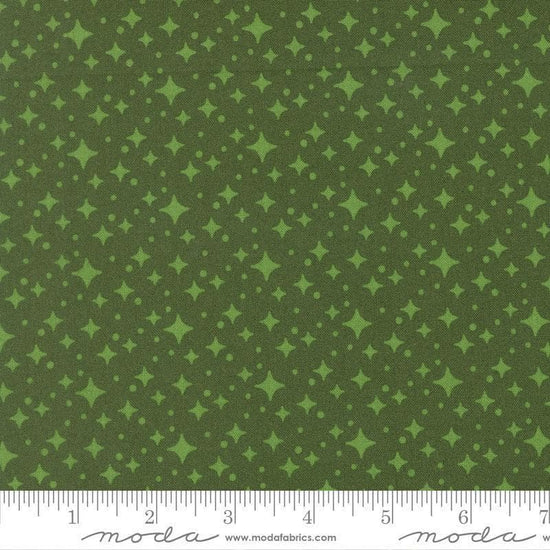 Image of Scenery Starlight Cypress quilting cotton fabric by Elizabeth Hartman for Moda Fabrics. Features stars on a green background. Cute Little Fabric Shop.