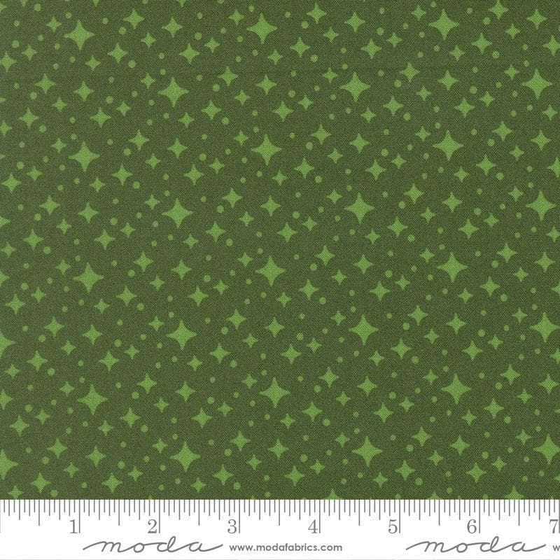 Image of Scenery Starlight Cypress quilting cotton fabric by Elizabeth Hartman for Moda Fabrics. Features stars on a green background. Cute Little Fabric Shop.