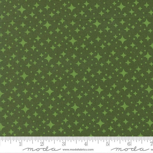 Image of Scenery Starlight Cypress quilting cotton fabric by Elizabeth Hartman for Moda Fabrics. Features stars on a green background. Cute Little Fabric Shop.