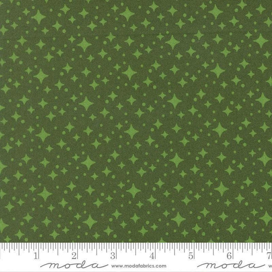 Image of Scenery Starlight Cypress quilting cotton fabric by Elizabeth Hartman for Moda Fabrics. Features stars on a green background. Cute Little Fabric Shop.