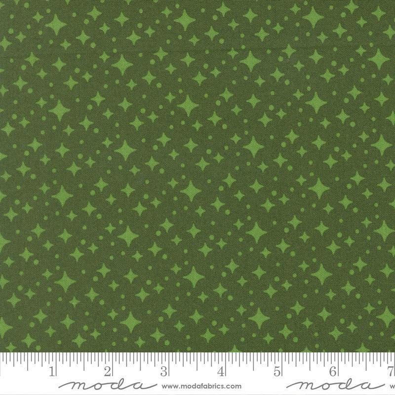 Image of Scenery Starlight Cypress quilting cotton fabric by Elizabeth Hartman for Moda Fabrics. Features stars on a green background. Cute Little Fabric Shop.