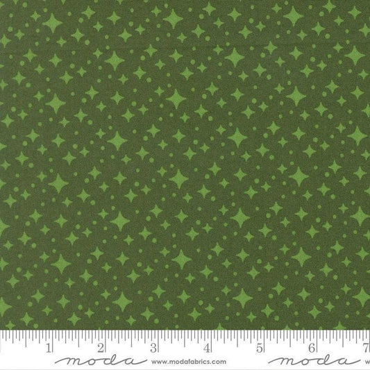 Image of Scenery Starlight Cypress quilting cotton fabric by Elizabeth Hartman for Moda Fabrics. Features stars on a green background. Cute Little Fabric Shop.